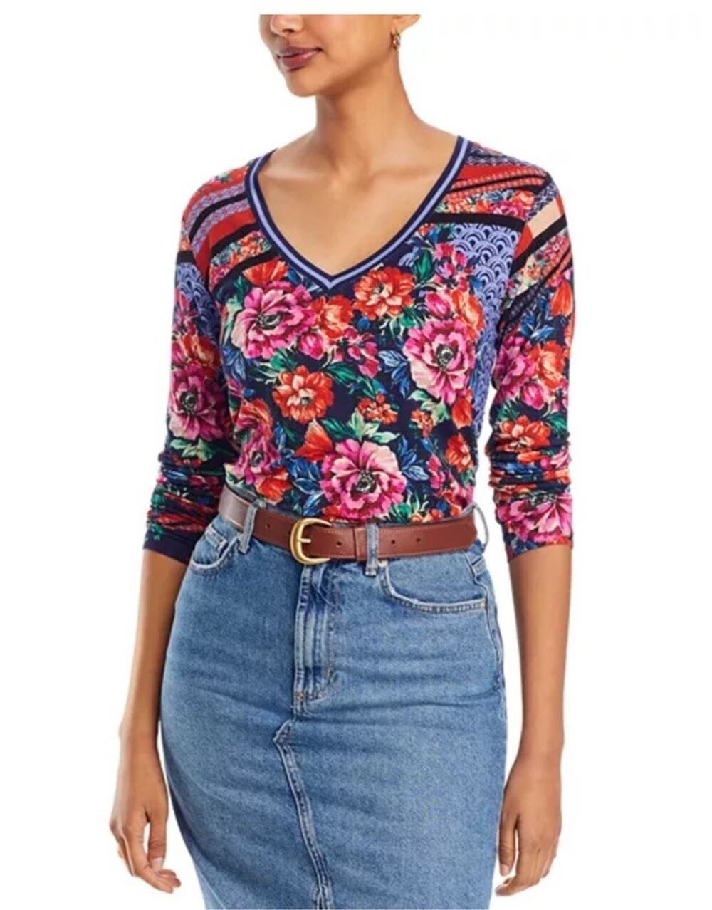 Johnny Was The Janie Favorite V-Neck Swing Tee Floral Long Sleeve Colorful S